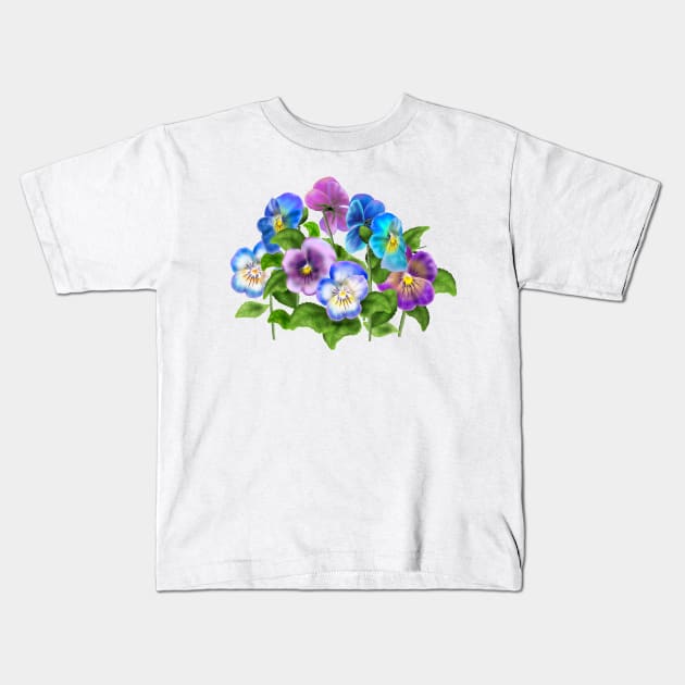 Beautiful Pansy Flowers Violet Viola Tricolor Floral Pattern Kids T-Shirt by sofiartmedia